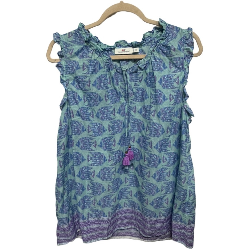Vineyard Vines Sleeveless Fish Print Tie-Neck Top in Aqua